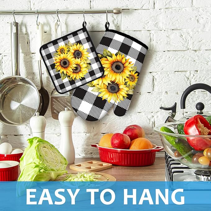 Sunflower Oven Mitts and Pot Holders Sets Heat Resistant 4Pcs Black White Buffalo Plaid Potholders Oven Gloves Hot Pads for Kitchen Baking Cooking Grilling BBQ