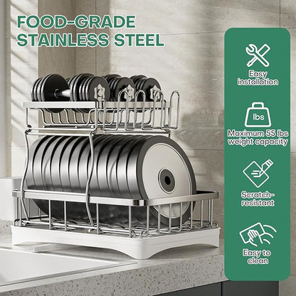 2 Tier Dish Drying Rack,Stainless Steel Dish Rack For Storing Knife Fork Pots&Pans,Dish Drying Rack With Drain Tray For Kitchen Countertops/Sinks,Silver Tiered Dish Rack With Retractable Drain Outlet