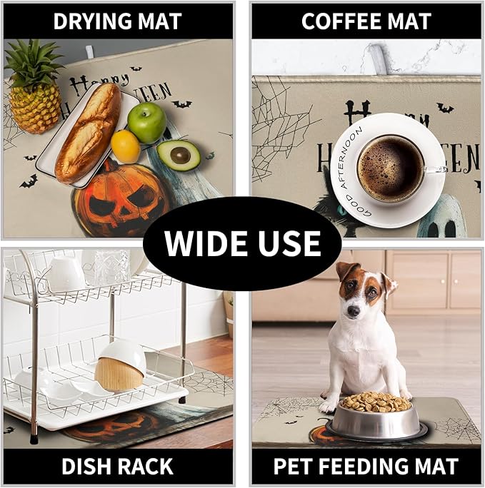 Happy Halloween Dish Drying Mat for Dishs 18x24 Inch Halloween Pumpkin Ghost Black Cat Kitchen Drying Mat Spooky Spiderweb Holiday Dish Drainer Mat Super Absorbent Dish Rack Pad for Coffee Bar Sinks - Image 7