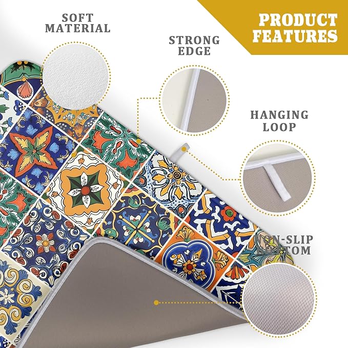 Talavera Mexican Tiles Dish Drying Mat for Kitchen Counter 16x18 Inch Mexican Flower Decorations Dish Draining Mat Mexican Tilt Fast Absorbent Tableware Dishes Pad for Coffee Bar Countertop