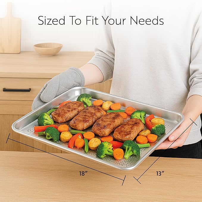 Restaurantware 1 Perforated Bakery Sheet Pan, 18 x 13 Inch Industrial Baking Tray, Rimmed Edges, Endures Up To 392F, Aluminum Half-Baking Sheet, Dishwashable, Ideal For Baking Or Roasting
