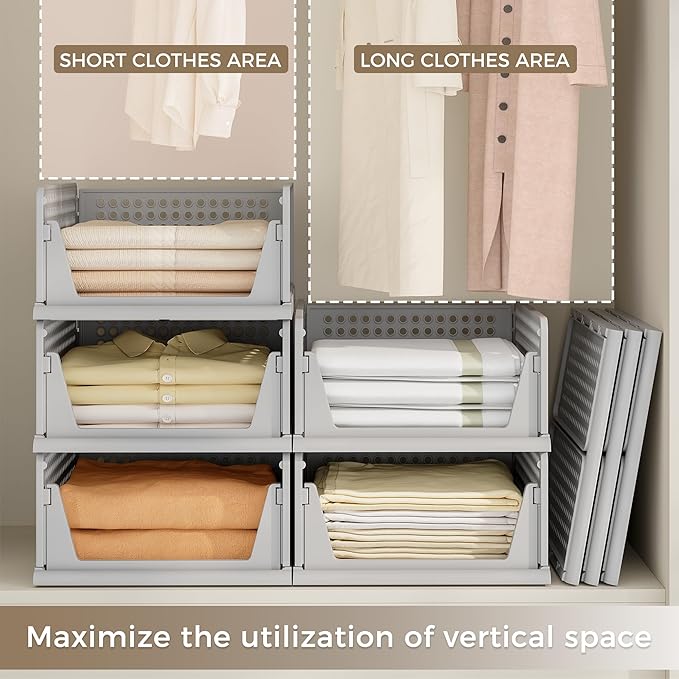 Pinkpum 8 Pack Closet Organizers and Storage Plastic Stackable Storage Bins, Foldable Drawer Shelf Storage Container for Wardrobe Kitchen Bathroom Dorm Grey - Image 4