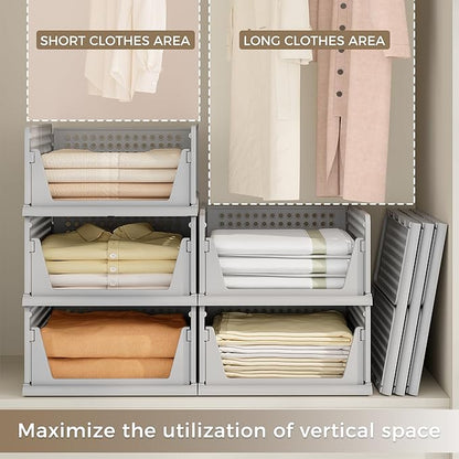 Pinkpum 8 Pack Closet Organizers and Storage Plastic Stackable Storage Bins, Foldable Drawer Shelf Storage Container for Wardrobe Kitchen Bathroom Dorm Grey - Image 4