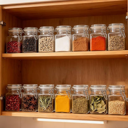 R DRURLCD 20 Pack Small 4 oz Glass Spice Jars with Airtight Hinged Lids, Square Spice Containers with Labels, Spoons& Funnels, BPA-free, Spice Herbs Condiment Storage for Kitchen,Wedding