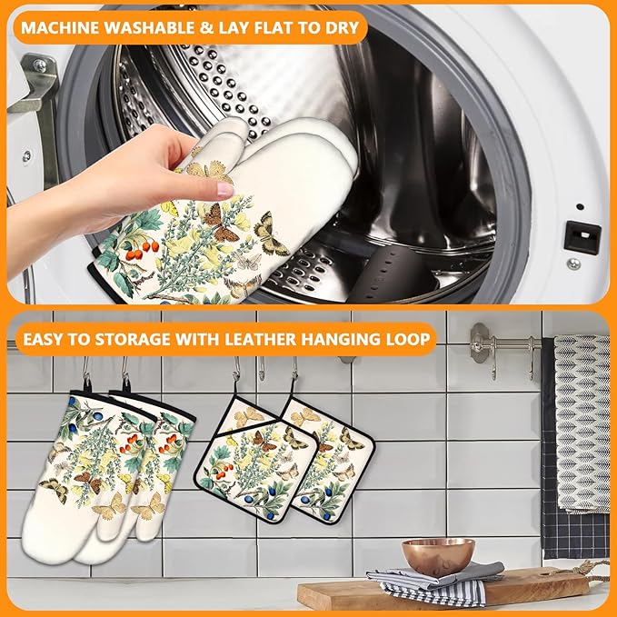 Wildflowers Butterfly Oven Mitts and Pot Holders Sets 4Pcs,Extra Long Oven Gloves Potholder for Kitchen Cooking Baking BBQ 100% Cotton Heat Resistant - Image 5