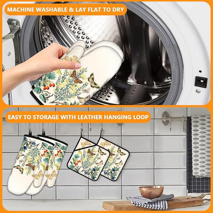 Wildflowers Butterfly Oven Mitts and Pot Holders Sets 4Pcs,Extra Long Oven Gloves Potholder for Kitchen Cooking Baking BBQ 100% Cotton Heat Resistant - Image 5