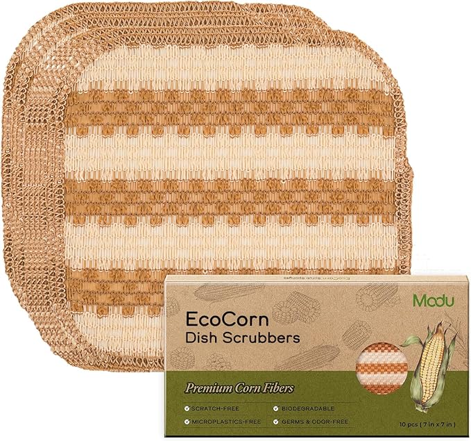Modu 10 Pcs EcoCorn Dish Sponges Scrubbers – 100% Corn Fiber, Biodegradable Dishwashing Scrub Pads for Multipurpose Household Cleaning, Odor-Free, Plastic-Free Kitchen Mesh Net (Heavy Duty 10 Count) by Modu