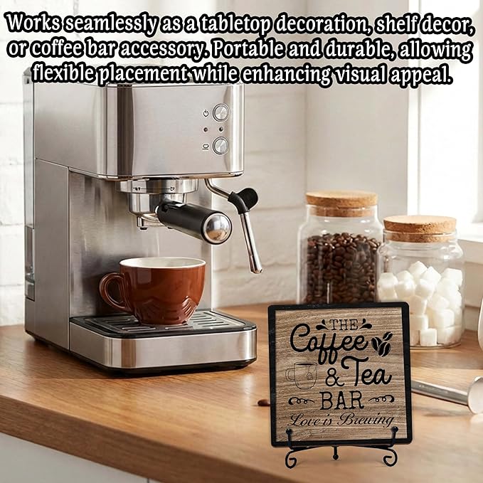Coffee Bar Sign, Love is Brewing Farmhouse Tabletop Decor, Coffee and Tea Lover Gifts, 5x5 Wood Plaque with Iron Stand for Home Kitchen Cafe, Coffee Bar Decor – L02 - Image 4