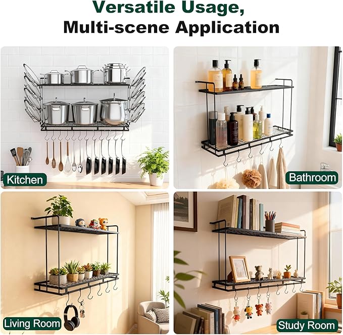 Housolution Pot Rack Wall Mounted, 22''-30'' Length Expandable, 3 Level Height Adjustable, 2 Tier Heavy Duty Hanging Cookware Pan Organizer with 12 Hooks and 8 Lid Holders - Image 6