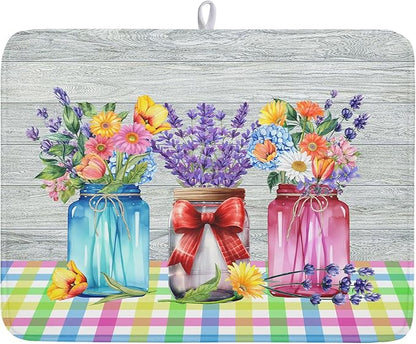 Kawani Spring Summer Flowers Dish Drying Mat for Kitchen Counter 18"x24" Spring Floral Jars Drying Mat Soft Absorbent Microfiber Farmhouse Colorful Floral Dish Drainer Rack Mats for Counter tops