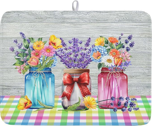 Kawani Spring Summer Flowers Dish Drying Mat for Kitchen Counter 18"x24" Spring Floral Jars Drying Mat Soft Absorbent Microfiber Farmhouse Colorful Floral Dish Drainer Rack Mats for Counter tops
