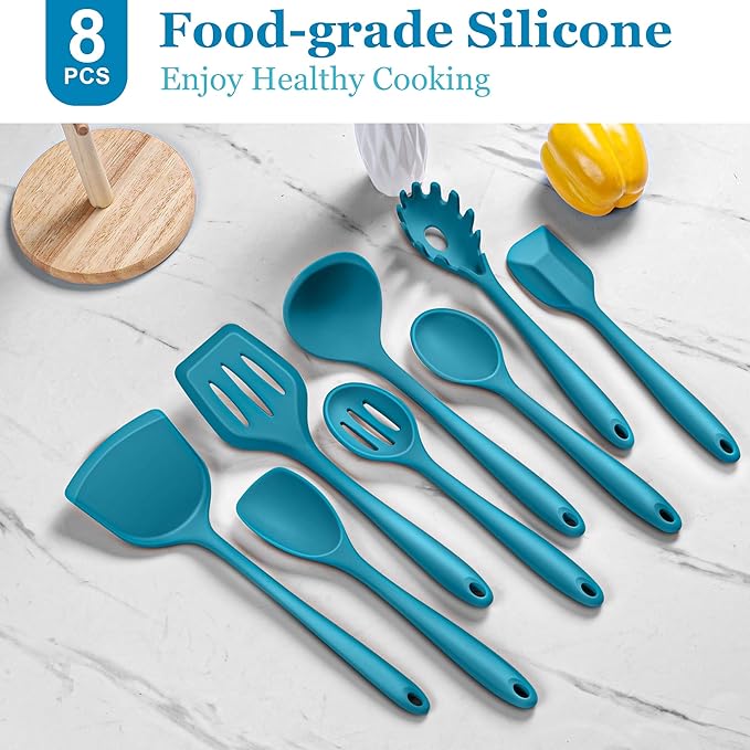 LIANYU 8Pcs Kitchen Utensils Set, Heat Resistant Cooking Utensils, Kitchen Tools Gadgets for Nonstick Cookware, Includes Silicone Spatula, Ladle, Spoon Turner, Dishwasher Safe, Blue - Image 3