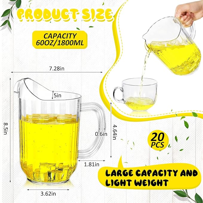 Tessco for you 20 Pcs Plastic Pitchers 60 Ounce Clear Restaurant Jug Large Water Pitcher Carafe Serve Milk Tea Juice Drink for Parties Container Dispenser Beer Jar - Image 2