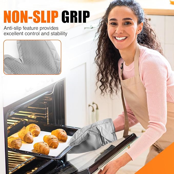 Silicone Oven Mitts, Heat Resistant 2PCS Oven Mitts with Soft Cotton Lining, Waterproof Non-Slip Grip Oven Glove, Kitchen Potholder Mits for BBQ, Baking, Cooking, 10.5Inch - Dark Grey - Image 5