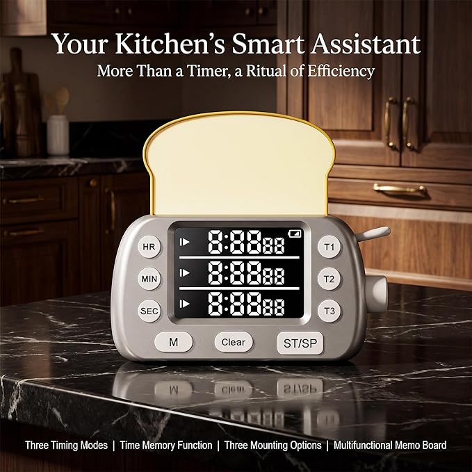 Digital Kitchen Timer for Cooking - 3-Channel Magnetic Countdown Timers with Memory Preset for Baking, Toaster, Eggs Includes Memo Notes (Silver)