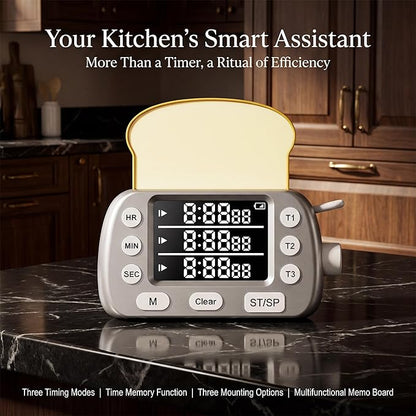 Digital Kitchen Timer for Cooking - 3-Channel Magnetic Countdown Timers with Memory Preset for Baking, Toaster, Eggs Includes Memo Notes (Silver)