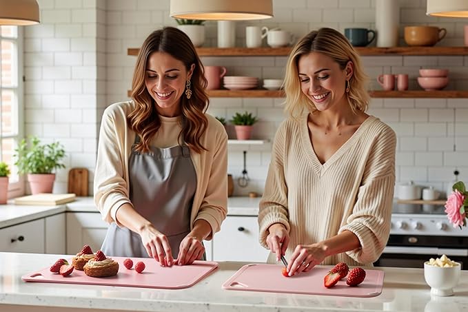 THETCHRY Plastic Cutting Board Set, Pink Cutting Board with Non-slip, Cutting Board for Kitchen Set of 3, Dishwasher Safe, BPA Free, Reversible, with Grip Handle, Pink - Image 8