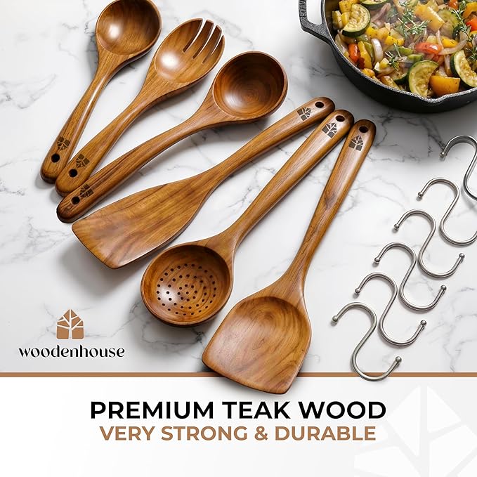Wooden Spoons for Cooking – 6 Pcs Premium Teak Wooden Utensil Set with Hooks - Durable, Nonstick Safe, Easy to Clean & Heat Resistant with Ergonomic Handles - Image 2