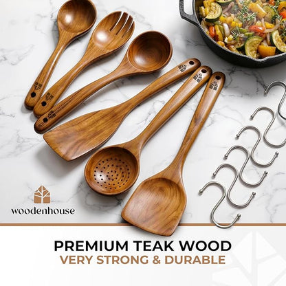 Wooden Spoons for Cooking – 6 Pcs Premium Teak Wooden Utensil Set with Hooks - Durable, Nonstick Safe, Easy to Clean & Heat Resistant with Ergonomic Handles - Image 2