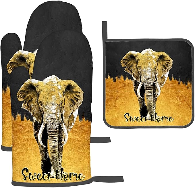 Elephant Oven Mitts and Pot Holders Sets of 3 Black Gold Hot Pads Oven Gloves Heat Resistant Non Slip Washable for Kitchen Cooking Grilling Baking by Unknown