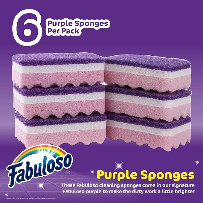 Fabuloso Scratch-Free Kitchen Dish Sponges, Purple Cellulose Scrubber Sponge with Scouring Pad for Dishes, Pots, Pans, Counters and Sinks, Tough on Messes, 4.25 x 2.75 x 1.25 in, 6 Count - 2 Pack - Image 2