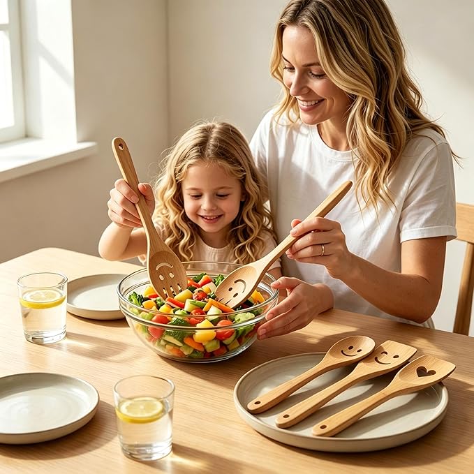 Fun Wooden Spoons for Cooking 5 Piece - Funny Kitchen Utensil Set Nonstick Smiley Face Cooking Spoons & Spatula Happy Cute Kitchen Accessories Unique Mothers Day Gifts Housewarming Gifts New Home