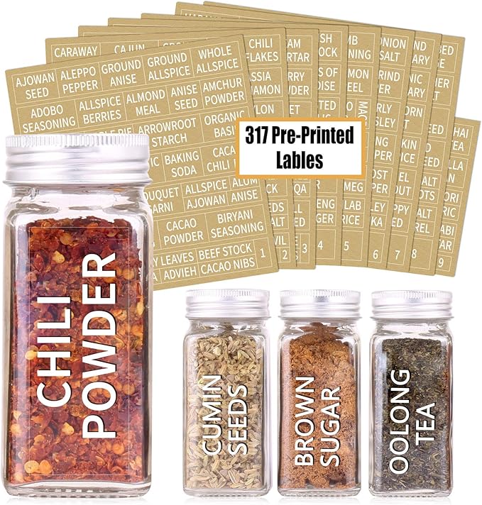 SWOMMOLY 48 Glass Spice Jars with 713 Spice Labels, Chalk Marker and Funnel Complete Set. 48 Square Glass Jars 4OZ, Airtight Cap, Pour/sift Shaker Lid - Image 2