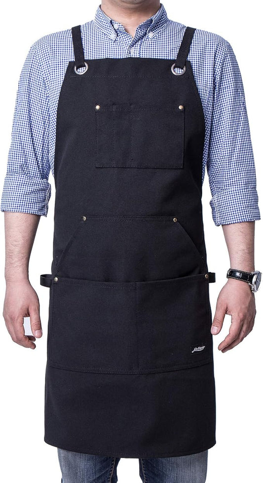 Heavy Duty Canvas Work Apron,Tool Pockets, Back Straps Adjustable（black）