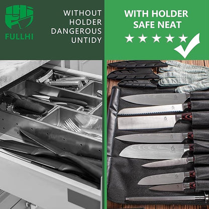 FULLHI 15pcs Japanese Knife Set with Magnetic Knife Block Holder, Japan Stainless Steel Blades, Ergonomic Handles for Professional and Home Cooking（Coffee wood, Magnetic Block Knife Set)
