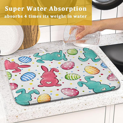 Easter Dish Drying Mat for Kitchen Counter Colorful Bunny Holiday Microfiber Absorbent Dish Draining Reusable Washable Foldable 16"x18" - Image 6