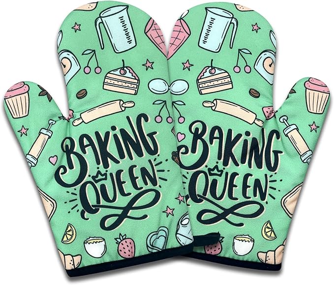2 Pack Funny Baking Oven Mitts for Women, Baking Queen, Heat Resistant Silicone Non-Slip Mitts, Kitchen Decor Gifts for Bake Lover, Sweet Housewarming Gifts for Hostess Mom Wife Chef Baker