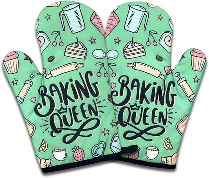 2 Pack Funny Baking Oven Mitts for Women, Baking Queen, Heat Resistant Silicone Non-Slip Mitts, Kitchen Decor Gifts for Bake Lover, Sweet Housewarming Gifts for Hostess Mom Wife Chef Baker