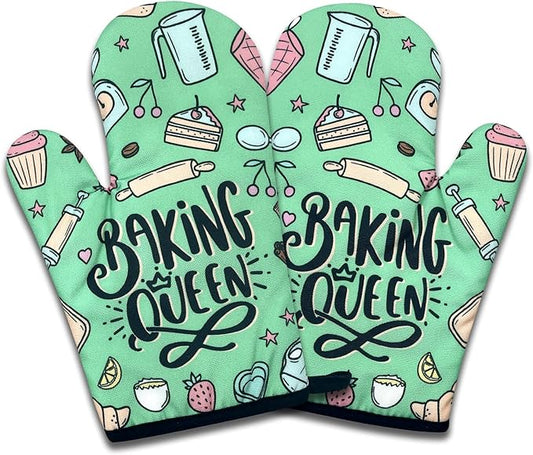 2 Pack Funny Baking Oven Mitts for Women, Baking Queen, Heat Resistant Silicone Non-Slip Mitts, Kitchen Decor Gifts for Bake Lover, Sweet Housewarming Gifts for Hostess Mom Wife Chef Baker