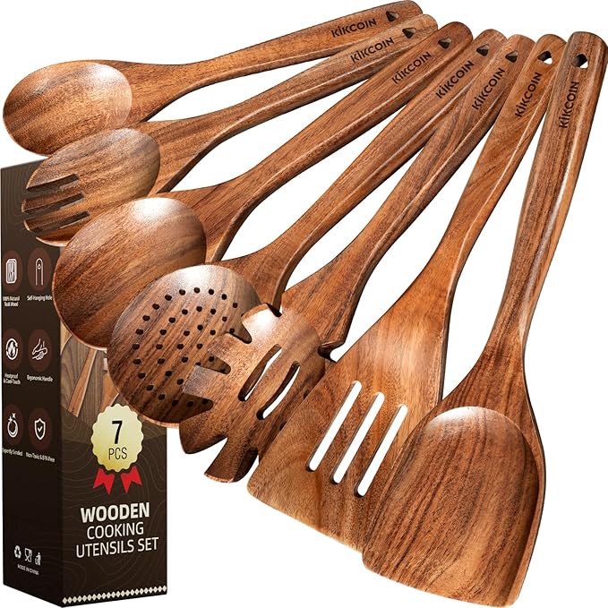 Kikcoin 7 PCS Durable Natural Teak Wooden Cooking Utensils Set, Non Toxic Wooden Spoons for Cooking, Wooden Utensil Set for Cooking with Comfort Grip, Nonstick & Easy to Clean Wood Kitchen Utensil Set by Kikcoin