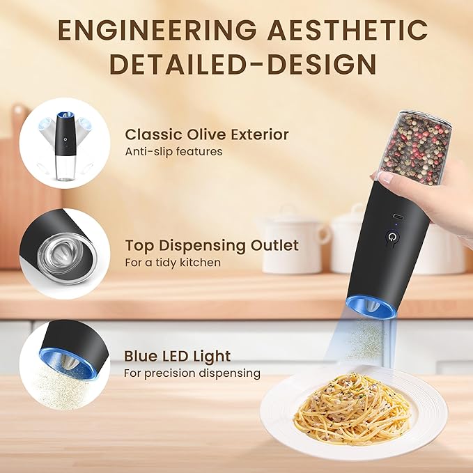 Rechargeable Electric Salt And Pepper Grinder Set, Automatic Gravity Electric Salt And Pepper Grinder Set, Adjustable Roughness, Led Light, 2 Pack, (Black) - Image 4