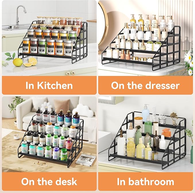 Bunoxea Spice Rack 4 Tier Kitchen Cabinet Organizer,Countertop Spice Rack,Tier Depth Adjustable Cabinet Shelf,Step Spice Organization Easy Visibility,Holds Seasoning and Condiments 2Pack - Image 7
