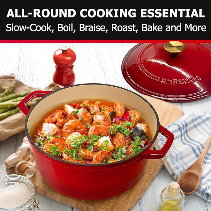 MUELLER HOME 4.5 QT Enameled Cast Iron Dutch Oven, Heavy-Duty Casserole Dish and Braiser Pan with Lid and Stainless Knob, Oven-Safe up to 500° F & Across All Cooktops, Red - Image 6