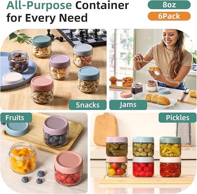 NETANY 6-pack 8oz Glass jars with Airtight Lids, Overnight Oats Containers with Lids, Wide mouth Mason Salad jars, Glass Food Storage Containers for Snacks Yogurt Spice Sugar - Image 7