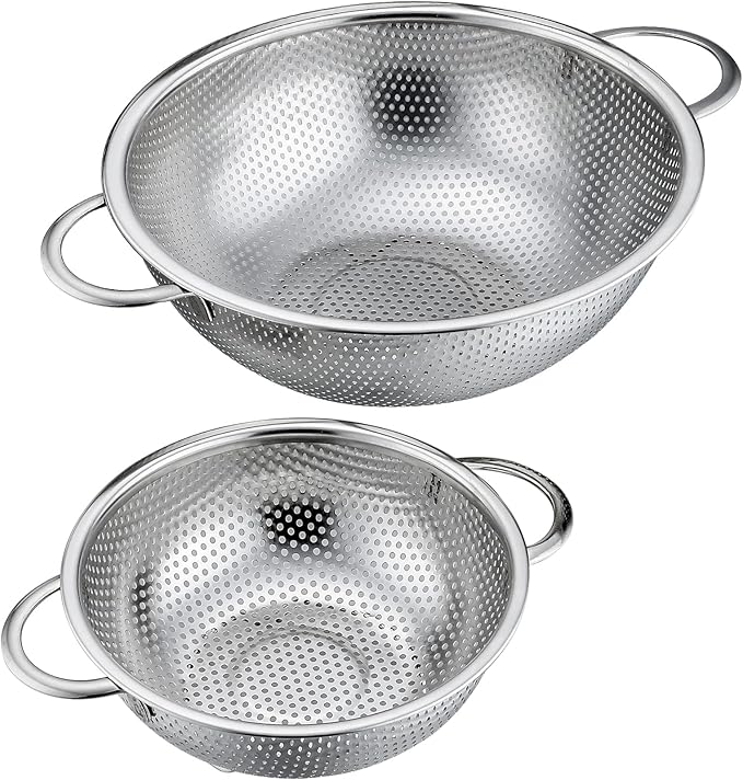 P&P CHEF Stainless Steel Colander, Micro-Perforated Food Strainer with Handle for Washing Draining, Great for Pasta Fruits Vegetables, Dishwasher Safe & Healthy, 1 +3 Qt, 2Pcs by PPCHEF