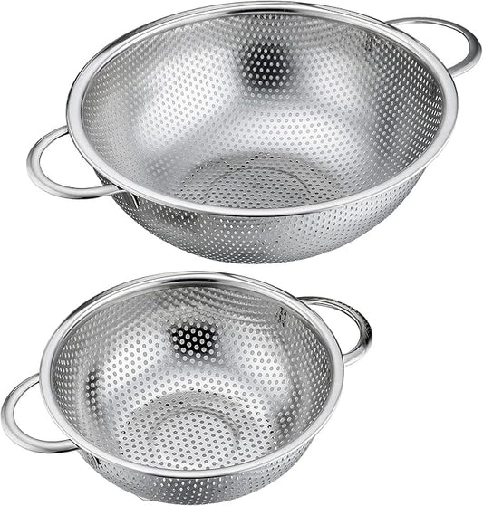 P&P CHEF Stainless Steel Colander, Micro-Perforated Food Strainer with Handle for Washing Draining, Great for Pasta Fruits Vegetables, Dishwasher Safe & Healthy, 1 +3 Qt, 2Pcs by PPCHEF