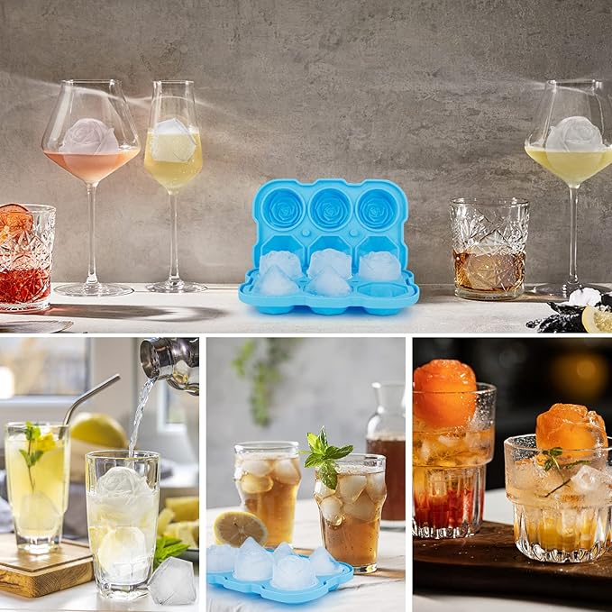 Ice Cube Tray, Mikiwon 2 inch Rose Ice Cube Trays With Covers, 3 Cavity Silicone Rose Ice Tray & 3 Diamond Ice Ball Maker, Easy Release Large Ice Cube Form for Chilled Cocktails, Whiskey Juice (Blue)