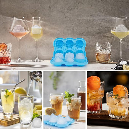 Ice Cube Tray, Mikiwon 2 inch Rose Ice Cube Trays With Covers, 3 Cavity Silicone Rose Ice Tray & 3 Diamond Ice Ball Maker, Easy Release Large Ice Cube Form for Chilled Cocktails, Whiskey Juice (Blue)