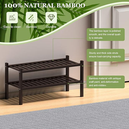 ROMGUAR CRAFT 2 Tier (Thick) Bamboo Shoe Rack for Closet Free Standing Wood Shoe Shelf for Entryway Small Space Stackable 27"x12"x14" (Black Brown) - Image 6