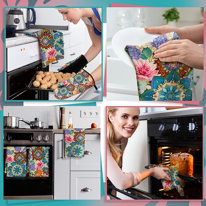 Jingmore 6 Pcs Kitchen Decor Set Accessory Farmhouse Kitchen Towels Pot Holders Oven Mitts Set 2 Dish Towels 2 Pot Holders 2 Cooking Mittens Oven Glove for Cooking(Colorful,Boho Floral) - Image 5