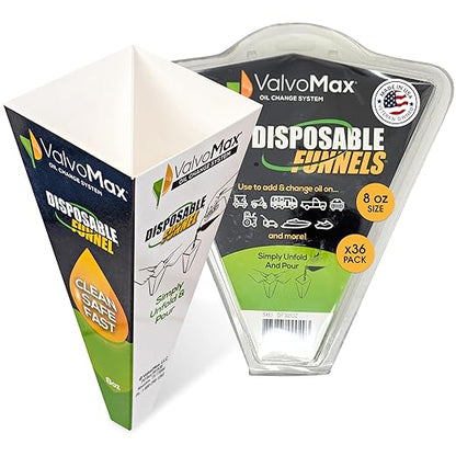 ValvoMax Disposable Funnels, 36-Pack (8oz) – Glossy Cardstock Paper Funnels for Oil Changes, Automotive Fluids, Coolant, and Household Liquids