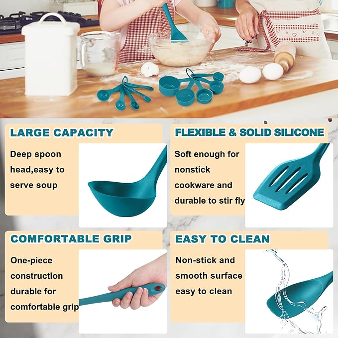 E-far Silicone Cooking Utensils Set, 24Pcs Heat Resistant Kitchen Utensil with Holder, Silicone Kitchen Tools with Spatula Turner Spoon Tongs Whisk, Non-Toxic & Dishwasher Safe (Blue) - Image 4