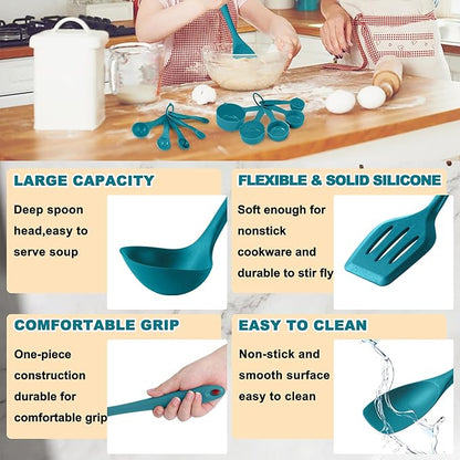 E-far Silicone Cooking Utensils Set, 24Pcs Heat Resistant Kitchen Utensil with Holder, Silicone Kitchen Tools with Spatula Turner Spoon Tongs Whisk, Non-Toxic & Dishwasher Safe (Blue) - Image 4