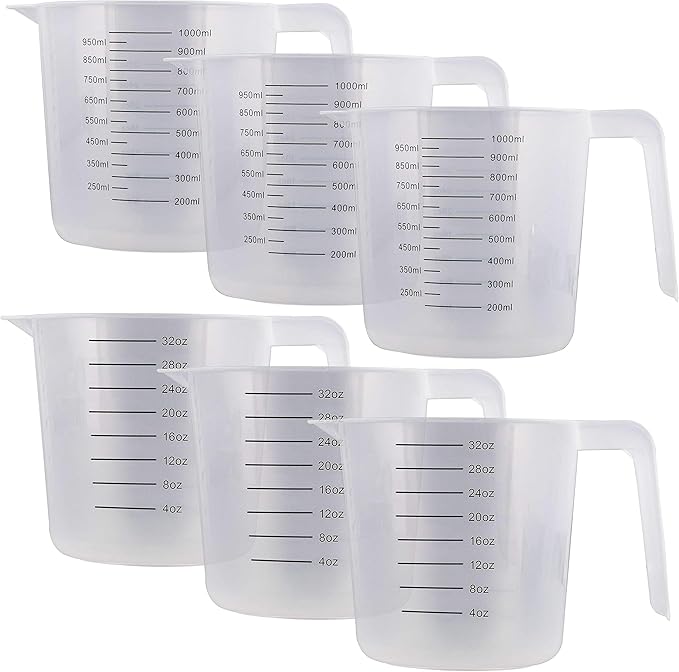 U.S. Kitchen Supply Plastic Measuring Cups with Handles - 32 oz (1000 ml) Liquid Measuring Cup Set of 6 - Clear Microwave Safe Kitchen Cups - Measure in mL or Ounces, Measurement Cup for Cooking by USKitchenSupply