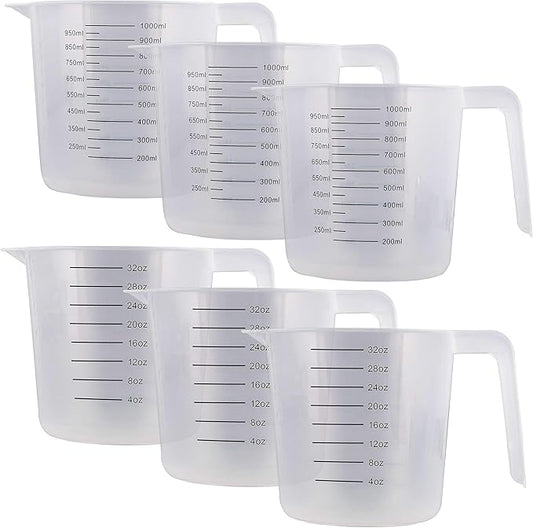 U.S. Kitchen Supply Plastic Measuring Cups with Handles - 32 oz (1000 ml) Liquid Measuring Cup Set of 6 - Clear Microwave Safe Kitchen Cups - Measure in mL or Ounces, Measurement Cup for Cooking by USKitchenSupply