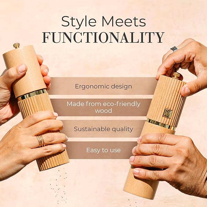 Wooden Salt and Pepper Grinder Set – Refillable Manual Salt and Pepper Mills with Adjustable Ceramic Burrs, Gold Detailing, and Wood Stand - Image 5